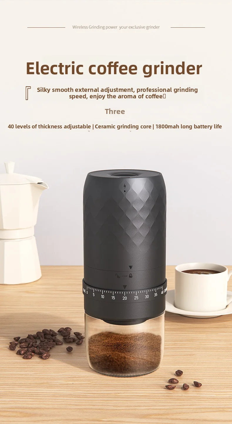 New portable USB electric coffee bean grinder with 40 levels, external adjustable 1800mAh rechargeable home mini coffee machine